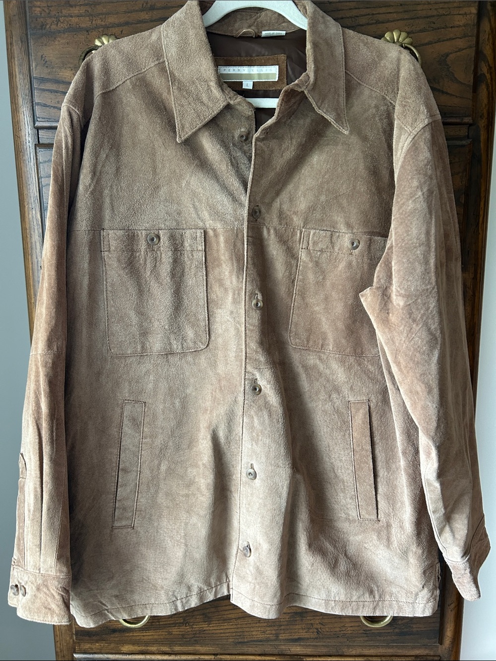 Perry Ellis Leather Suede Shirt Jacket in Light Brown, Size L